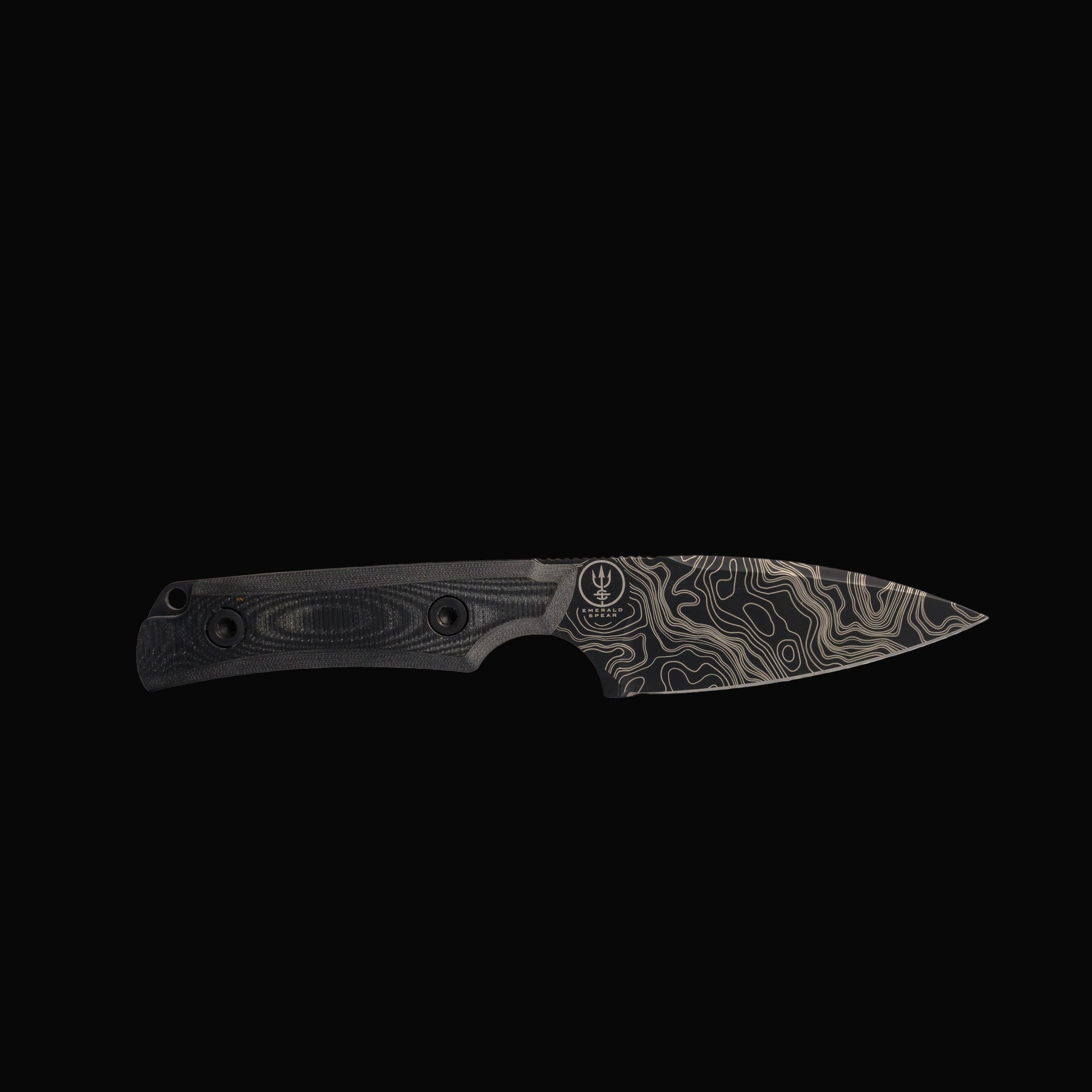 Black knife with a detailed blade on a white background