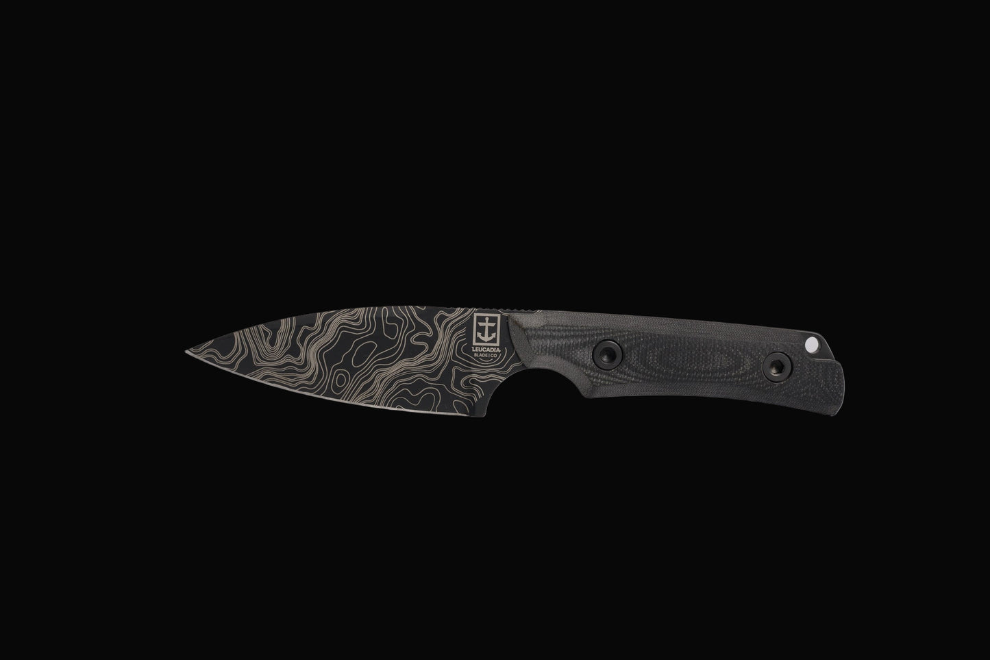 Knife with a black handle and patterned blade on a white background